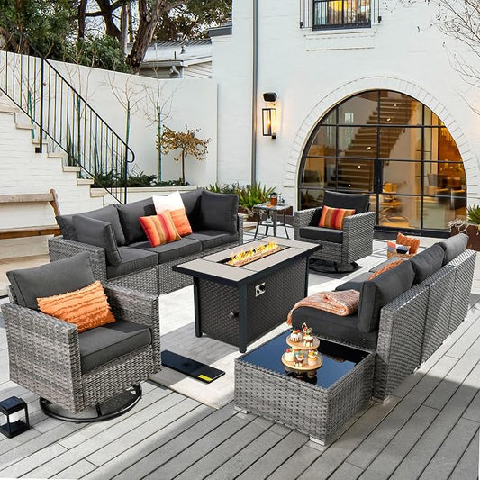 CAODOC 11 Piece Outdoor Patio Furniture Set with 53" Fire Pit Table, Wicker Sectional Conversation Set Whit Swivel Chairs,Modern Outside Sofa for Balcony Backyard(Black)