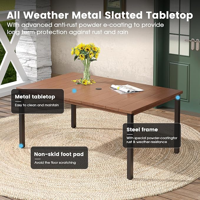 DIFY 7 Pieces Outdoor Patio Dining Set for 6, 63" Walnut Rectangle Metal Dining Table and 6 Brown Stackable Sling Dining Chairs, Outdoor Table and Chairs for Lawn Garden Backyard Deck