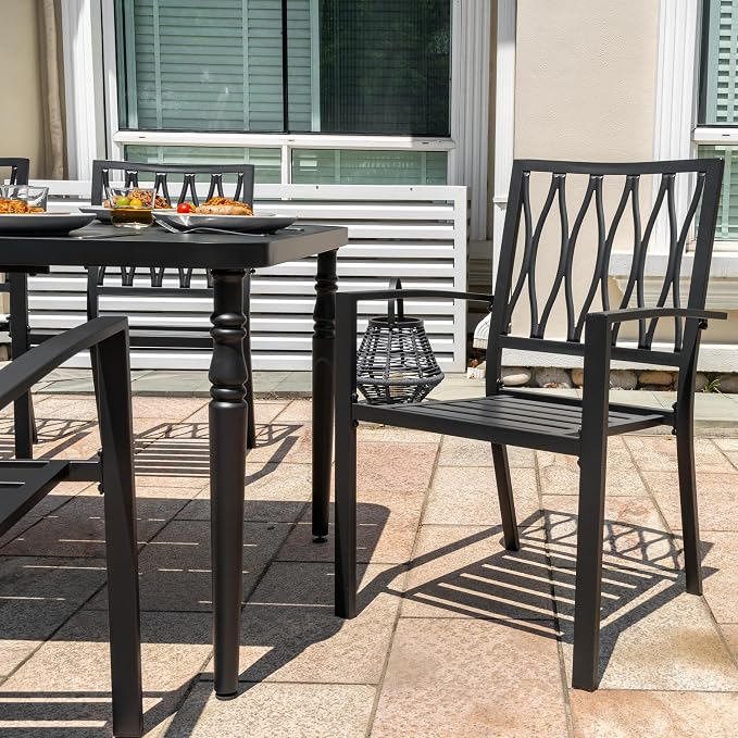 NUU GARDEN 7-Piece Outdoor Metal Dining Set, Weather-Resistant Patio Furniture, 61” x 37” Rectangle Dining Table with Umbrella Hole and 6 Stackable Chairs for Backyard, Balcony, Garden, Lawn, Black