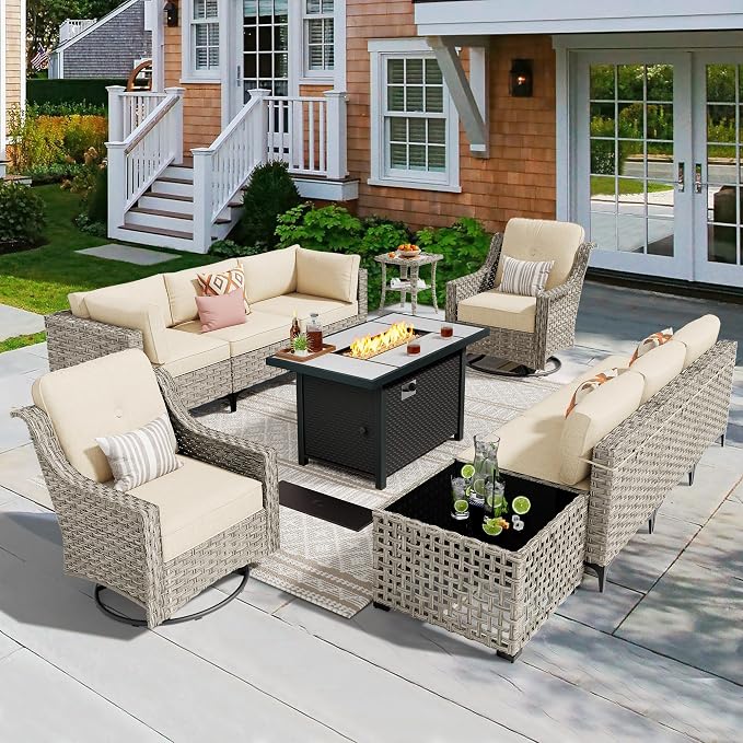 CAODOC 11 Pieces Outdoor Patio Furniture Set, Rattan Wicker Sectional Swivel Rocker Chairs Sets with Fire Pit, Swivel Glider Chairs, and Solar Powered Table