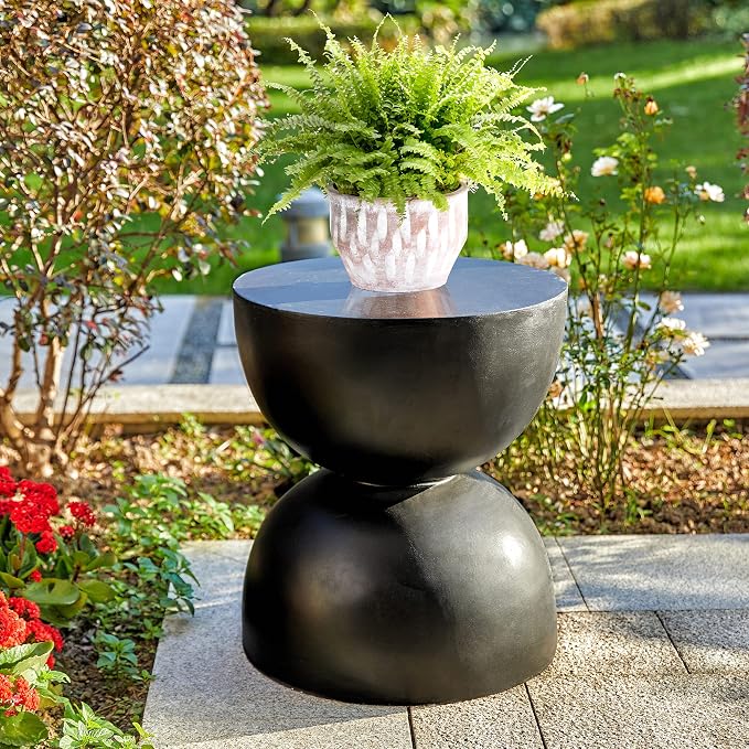 Glitzhome Outdoor Side Table, Round Accent End Table, Lightweight Hourglass Faux Terrazzo Decorative Garden Stool, 17.75" H Black Planter Stand for Patio Porch Balcony Living Room