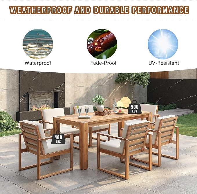 Merax Outdoor Patio Dining Table Set, 7-Piece Outdoor Dining Table Sets with Umbrella Hole Cut-Out Table and 6 Chairs with Removable Cushion, Acacia Wood Dining Sets Outdoor Furniture Set, Light Teak
