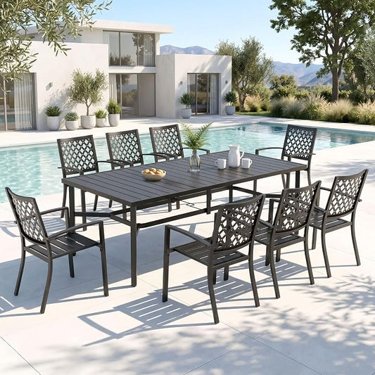PHI VILLA 9 Pcs Outdoor Dining Set for 8,83" Rectangular Metal Table, Black | Metal Table with Umbrella Hole & Stackable Black Wrought Iron Chairs, Large Outside Furniture for Patio, Deck, Yard, Porch