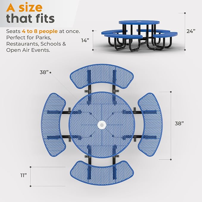 Round Metal Picnic Tables for Kids for Outdoors with Umbrella Hole, Adjustable Seats for School, Park, Playground(Blue, 38 in, Kids, Expanded Steel)