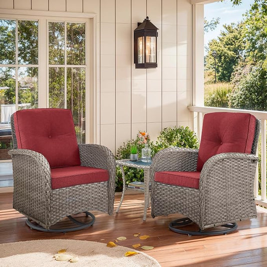 Outdoor Swivel Glider Rocker Chairs - 3 Piece Wicker Patio Furniture Set, All Weather Patio Bistro Sets with Glass Side Table for Balcony Porch Deck Backyard - Grey Wicker Red Cushion