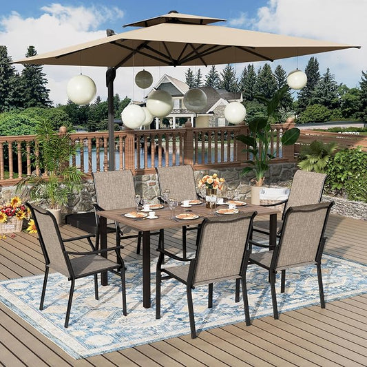 MIXPATIO 7 Pieces Patio Dining Set, 6 Person 60" Teak Table and Textilene Chairs, with 1.57" Umbrella Hole, Outdoor Patio Table and Chairs, for Garden Lawn Porch Backyard Poolside