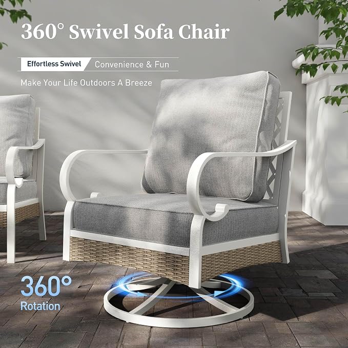 SUNSHINE VALLEY 6 Piece Metal Outdoor Patio Furniture Set, Patio Conversation Set 1 3-Seater Couch, 2 Fixed Sofa, 2 Swivel Sofa with 5.75" Thick Cushion and Coffee Table White Backyard Furniture, Gray
