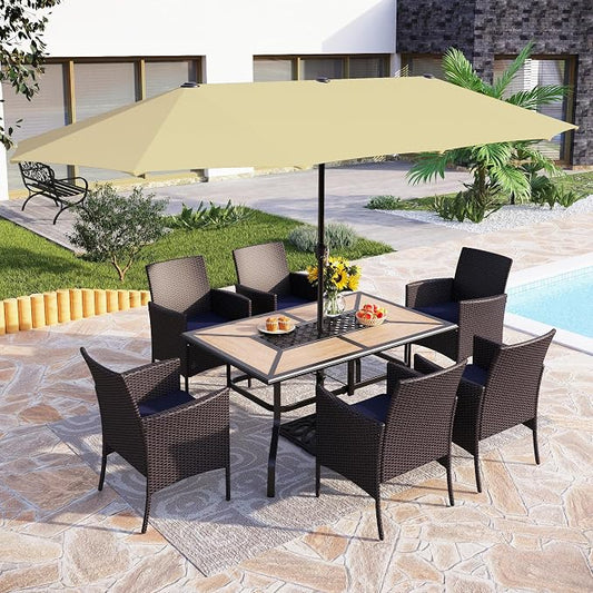 PHI VILLA 7pc Patio Dining Set w/Umbrella, Wood-top Table, Rattan Chairs | Outdoor Dining Set for 6, Metal Table & 6 Cushioned Rattan Chairs with Beige Umbrella for Outdoor, Deck, Yard, Porch