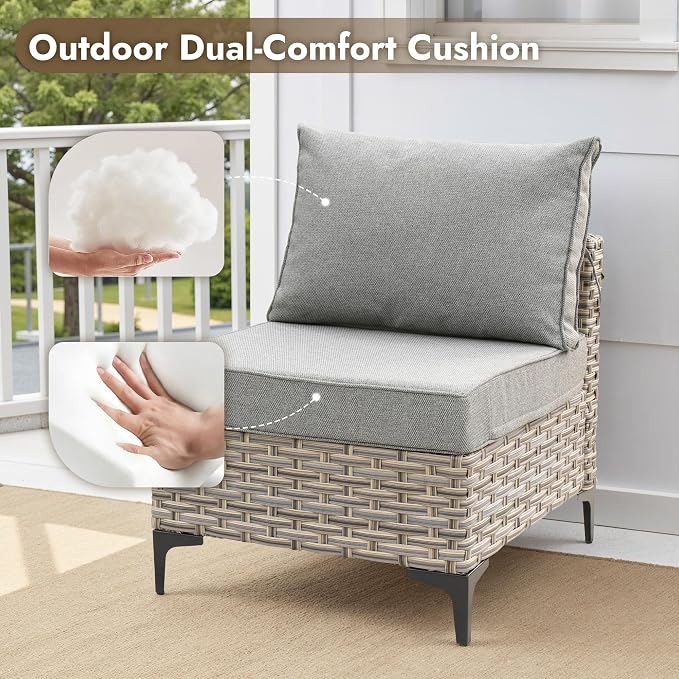 7 Pieces Patio Furniture Set with Solar Light Coffee Table, All-Weather Rattan Outdoor Sectional Conversation Sets L Shaped Sofas with Thick Cushions for Porch Balcony Backyard Dark Grey