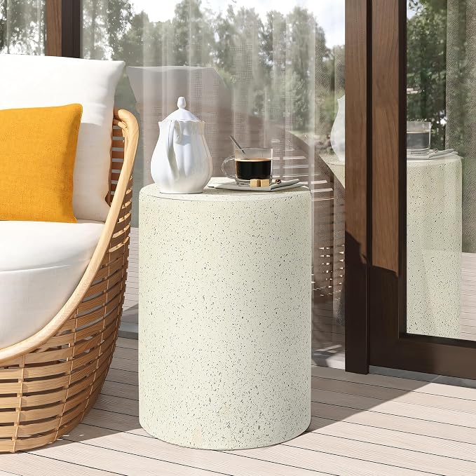 LuxenHome Outdoor Side Table, 18 Inch Cement Outdoor End Tables for Patio, Garden Accent Table, Modern Small Round Side Tables for Outside, Tree Stump Garden Stool Drum Indoor and Outdoor