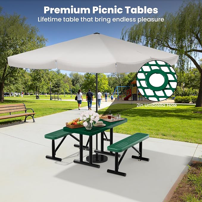 4FT Outdoor Metal Picnic Table with 2 Benches,Heavy Duty Rectangular Picnic Table Set for Outside, Waterproof Commercial Restaurant Table Furniture for Park, Campfield, Patio, Garden, Yard
