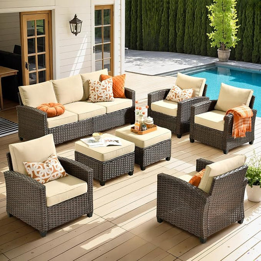 ovios 7 Pieces Patio Furniture Set, Outdoor Wicker Sofa Couch with 4 Chairs Comfy Cushions, All Weather Brown Rattan Conversation Set for Backyard Deck Porch, Beige