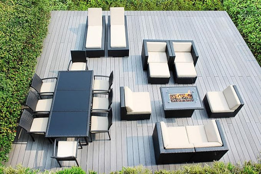 20 Piece Outdoor Patio Furniture Black Wicker Conversation Set with Fully Assembled Sectional and 42-inch Propane Gas Fire Table