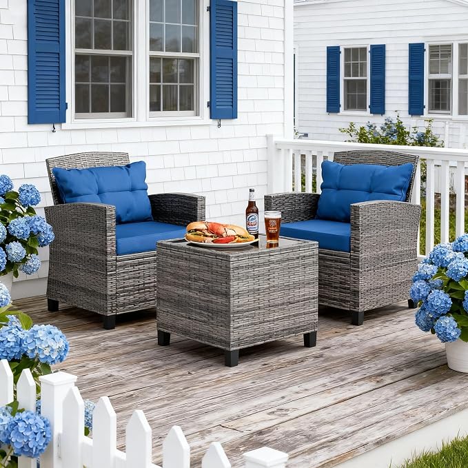 JAMFLY 3 Piece Wicker Patio Furniture Set - Outdoor Rattan Conversation Set with Soft Cushions & Glass Coffee Table for Balcony, Porch, Small Backyard - All Weather Blue Bistro Set, Blue