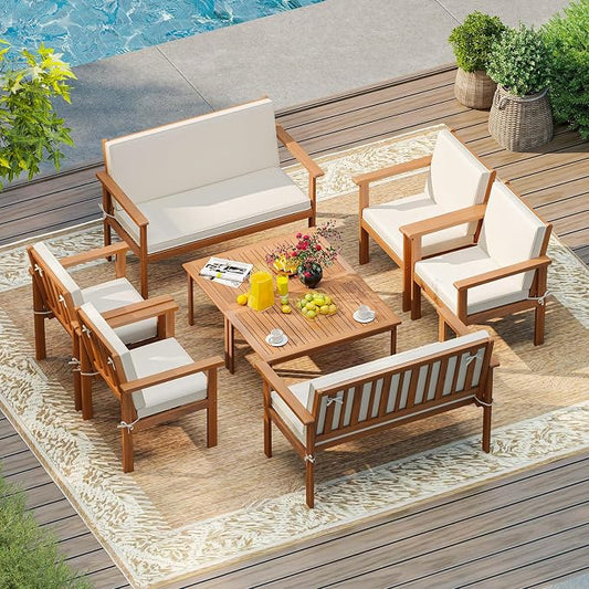 COSTWAY 8 Pieces Acacia Wood Conversation Set, Acacia Wood Porch Chairs with Table, Loveseat and Cushions, Outdoor Conversation Sofa Set for Garden, Balcony and Backyard