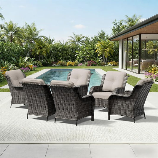 Joyside 6 Piece Wicker Patio Furniture Set, Rattan Patio Chairs with High Back, Deep Seating, Wide Armrest, Thickened Cushions, Outdoor Furniture for Deck, Porch Use