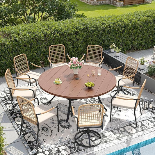 DIFY 9 Pieces Outdoor Dining Set for 8, Patio Furniture Set of 8 Wicker Patio Chairs with Soft Cushions and 60" Walnut Round Metal Table with Umbrella Hole, for Backyard Garden Deck, Wheat Rattan