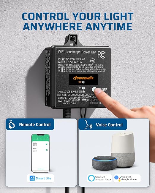 DEWENWILS 60W WiFi Low Voltage Transformer, 120V AC to 12V DC | 4 Modes, Timer, Work with Alexa & Google Home, Smart Landscape Transformer for Spotlight, Pathway Light