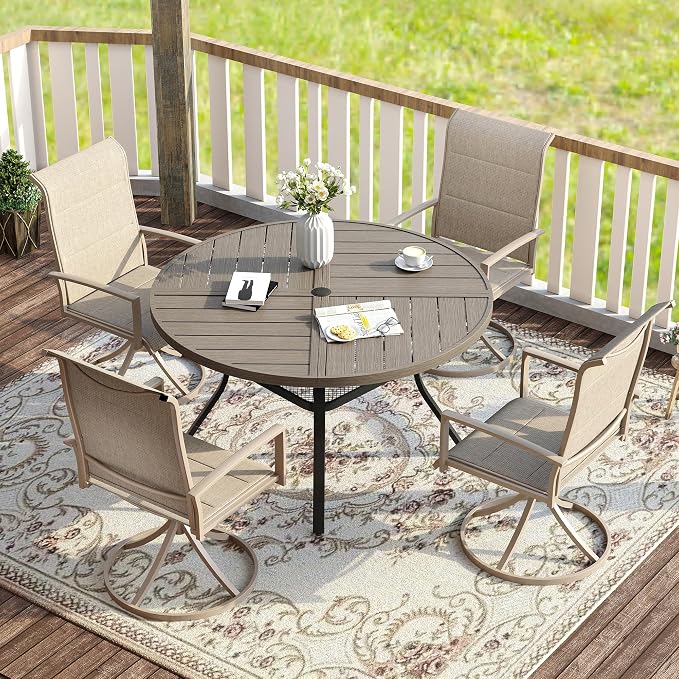 VICLLAX Patio Dining Set for 4, 4 Seats Outdoor Furniture Includes 40.7" Round Patio Table and Swivel Padded Chairs, Grey Wood Grain Tabletop and Sandshell Fabric