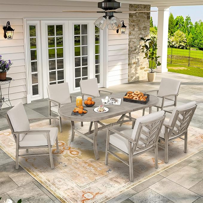 Ulax furniture Oval Outdoor Patio Dining Table - Weather-Resistant Steel Frame & Wood-GrainTabletop with Umbrella Hole - for Garden, Backyard, Patio Use (Table x 1)