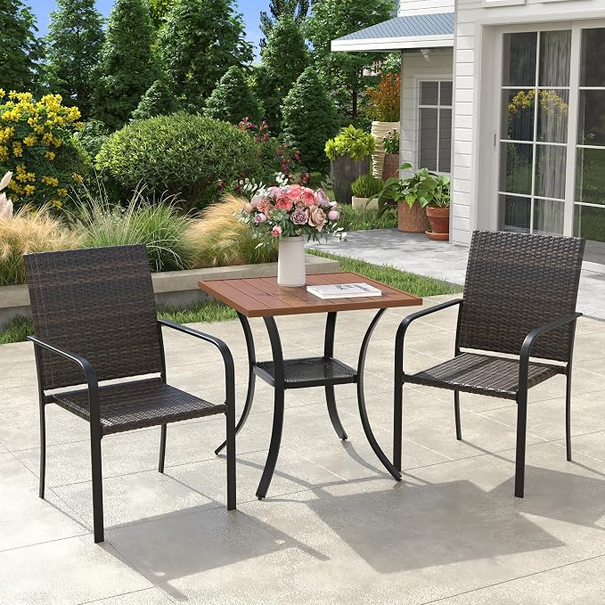 VICLLAX 3 Pieces Small Patio Dining Set, 2 Stakable Wicker Outdoor Chairs and Small Patio Dining Table with Storage Shelf for Backyard Lawn Deck, Walnut Tabletop