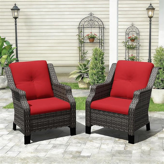 Outdoor Patio Chairs Set of 2, Wicker Patio Furniture with Thick Cushions, Curved Armrest, Deep Seating, Rattan Outdoor Chairs for Porch, Deck, Balcony