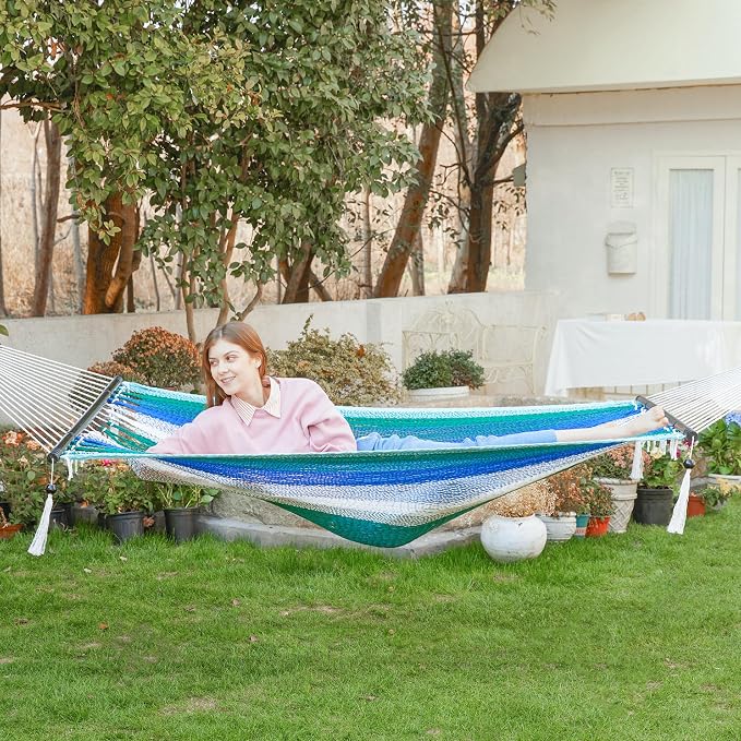 PNAEUT Double Rope Hammocks for Outside, Handwoven Double Caribbean Hammock with Spreader Bar for Outdoor Indoor, Max 600 lbs Capacity (Aqua)