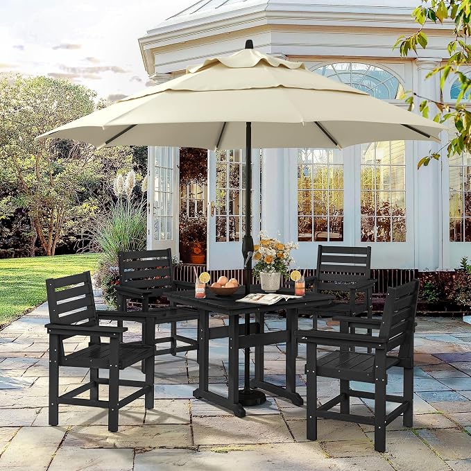 5 Piece Patio Dining Set, 35" Square HDPE Weather Resistant Outdoor Table & 4 Patio Chairs Set with 1.96" Umbrella Hole, Heavy Duty for Small Space Backyard Balcony, Black