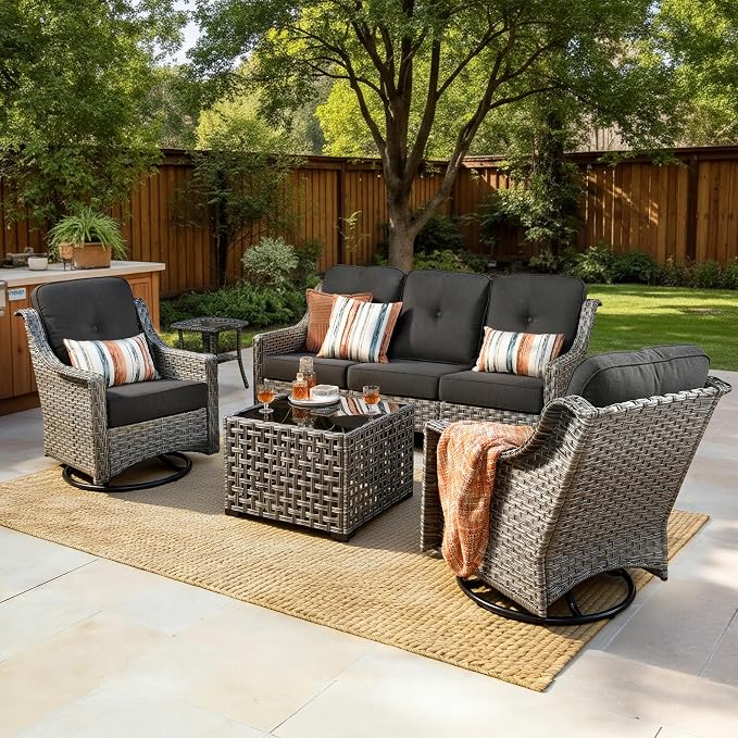 5 PCS Patio Conversation Set, All-Weather Rattan Wicker Outdoor Patio Furniture Sets with High Back Swivel Rocker Chair, Solar Light Coffee Table for Porch,Backyard,Balcony,Black