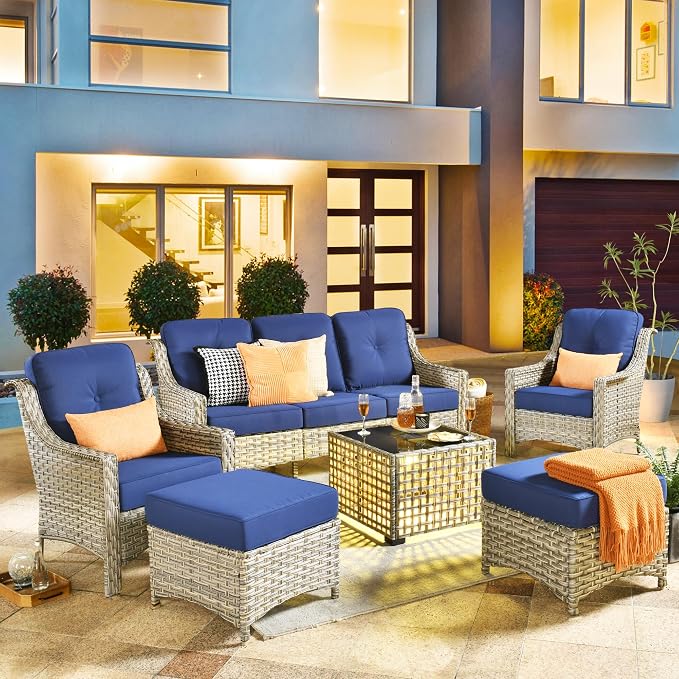 HOOOWOOO 6 Piece Patio Furniture Conversation Sets with Sola Light Table,Outdoor Wicker Furniture with Ottoman, All Weather Resistant Outside High Back Rattan Patio Set(Navy Blue)