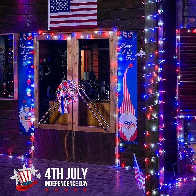 JMEXSUSS 4th of July Decorations, 33ft 100 LED Red White and Blue Lights | String Light Indoor Plug-in, 8 Modes Patriotic 4th of July Lights for Indoor Outdoor Independence Day American Flag Holiday