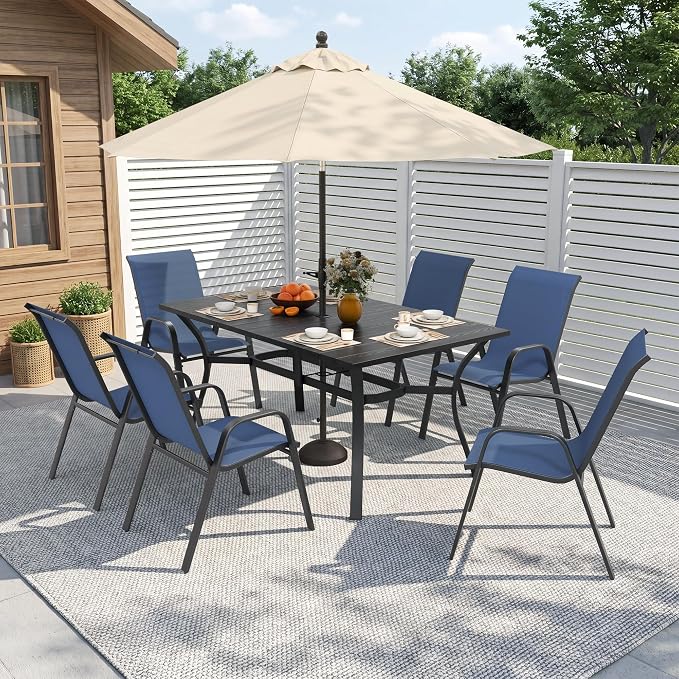 Outdoor Dining Set for 6, Patio Metal Table and Chairs Set with 1.97'' Umbrella Hole, 7pcs Patio Furniture Set 63”x37.8” Dining Table Set with Stackable Chairs for Backyard Pool Deck