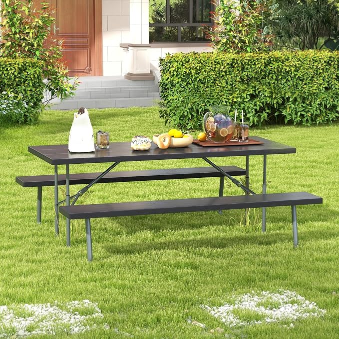 Giantex Folding Picnic Table - 6 FT Outdoor Table Bench Set for 8 Persons w/All-Weather HDPE Tabletop, Metal Leg, Umbrella Hole, Large Outside Dining Table for Patio Garden Yard Poolside (Black)