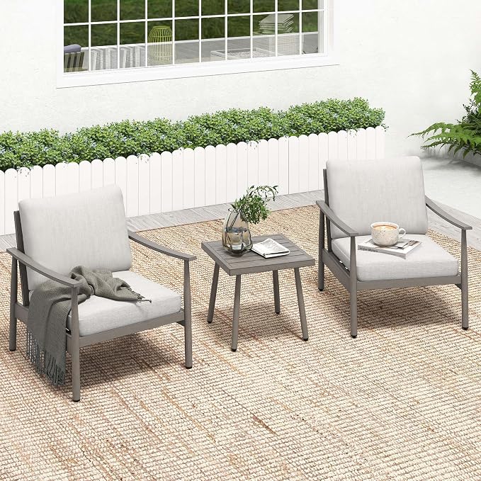 HAPPATIO Patio Conversation Set 3 Pieces, Outdoor Aluminum Conversation Furniture Set, 2 Modern Chairs with Backrest Rope Design and 1 Side Table for Garden, Pool, and Lawn (Grey)