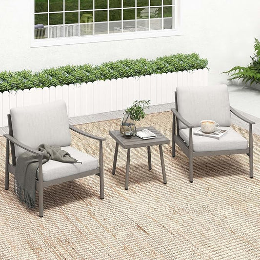 HAPPATIO Patio Conversation Set 3 Pieces, Outdoor Aluminum Conversation Furniture Set, 2 Modern Chairs with Backrest Rope Design and 1 Side Table for Garden, Pool, and Lawn (Grey)