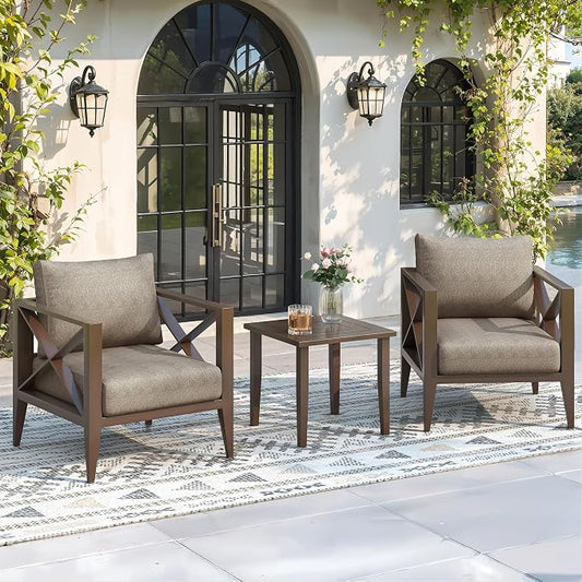Aluminum Outdoor Patio Furniture Set, 3 Pieces Conversation Set with 5.2 Inch Cushions and Coffee Table, All-Weather Rust-Resistant Frame Conversation Set for Porch, Garden, Backyard, Brown