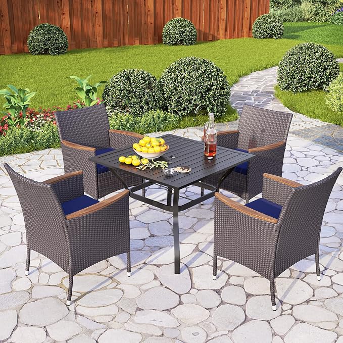 PHI VILLA 5 Pieces Outdoor Patio Dining Set for 4, Metal Steel Frame Table with Umbrella Hole & All Weather PE Rattan Cushioned Chairs Set for Deck, Yard, Porch