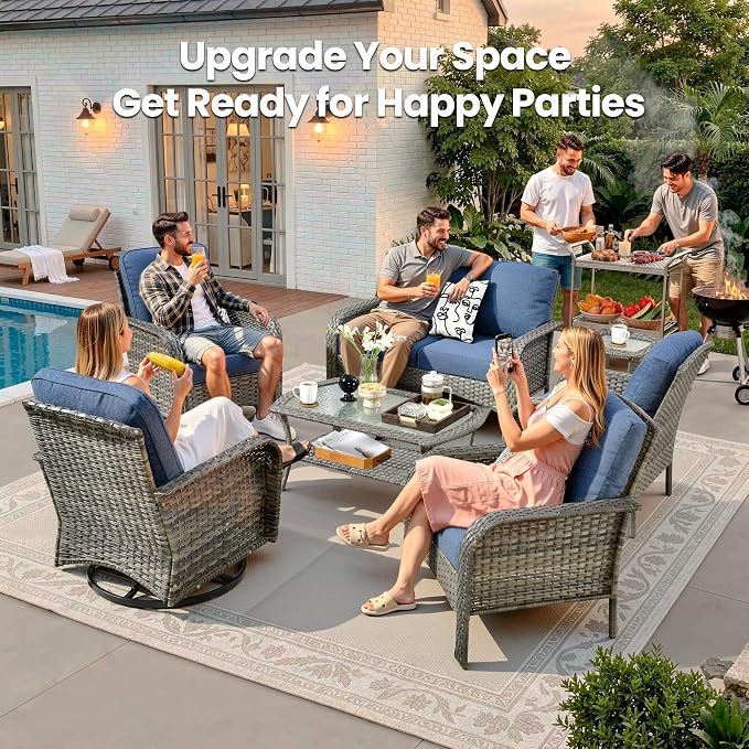 7 Piece Wicker Patio Furniture Set with Swivel Chairs, Denim Blue | High Back Swivel Rocker Chairs, Outdoor Loveseat Sofa, Coffee Table, Rattan Conversation Set, Porch Deck Backyard Poolside