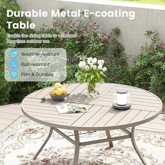 7 Pieces Patio Furniture Dining Set, 6 Textilene Swivel Dining Chairs, 53" Outdoor Round Metal Table with 1.57" Umbrella Hole, Outdoor Dining Set for Porch, Lawn, Garden, Sand/Sand