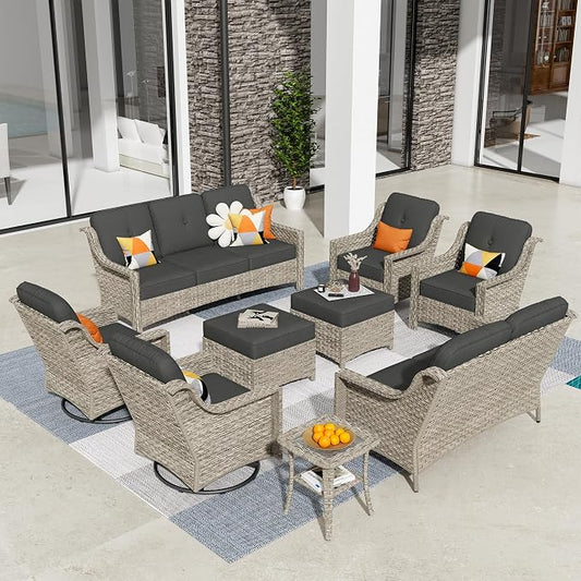 HOOOWOOO 9 Piece Patio Furniture Conversation Sets with Swivel Rocking Chairs,Outdoor Wicker Furniture with Ottoman,All Weather Resistant High Back Rattan Conversational Set(Black)