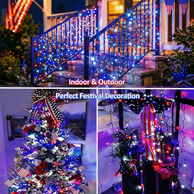 66ft 200LED Red White Blue Patriotic Lights for 4th of July Decoration Battery Fairy String Lights Indoor Outdoor Waterproof Remote Timer 8 Modes for Independence Day American Flag Holiday