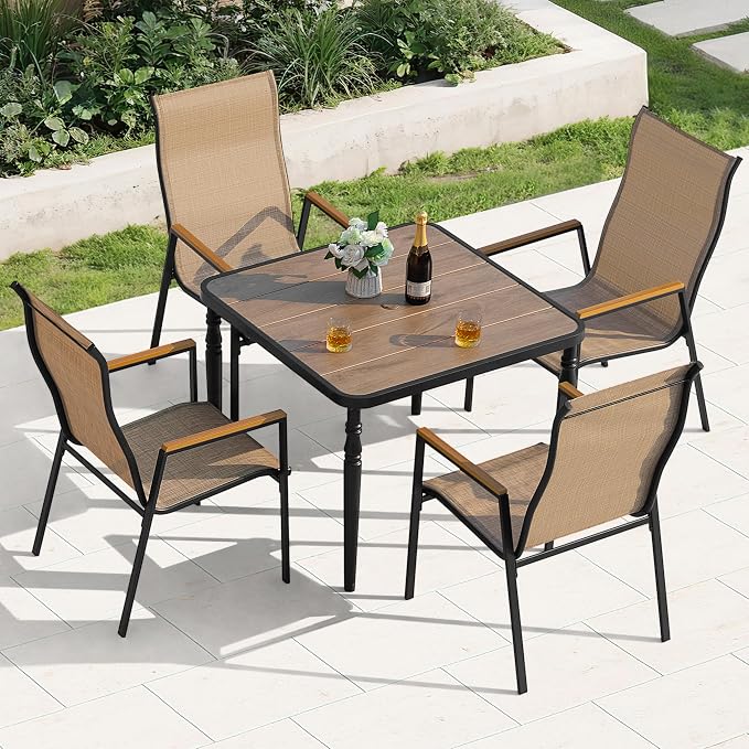 NUU GARDEN 5-Piece Patio Dining Set for 4, Wood-Grain Table with Umbrella Hole and 4 Stackable Textilene Chairs with Faux Wood Armrests, Black and Khaki