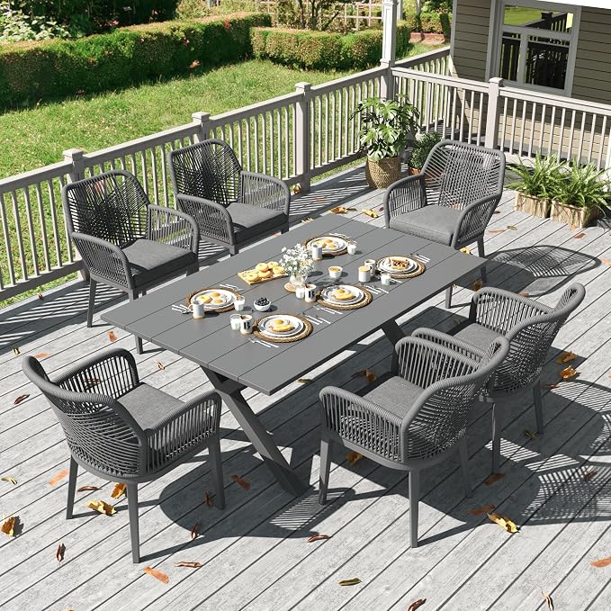 LayinSun Outdoor Dining Set for 6, 7 Pieces Patio Furniture Sets with Aluminum Dining Table and Rope Weave Chairs