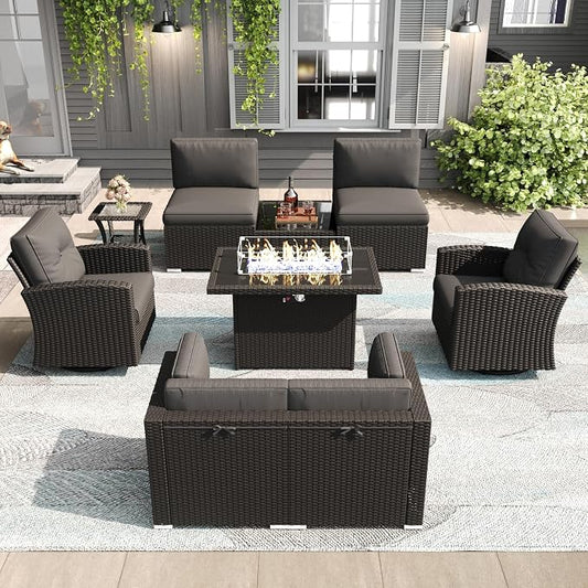 LayinSun 9 Pieces Patio Furniture Set with Fire Pit Table, Black Rattan Modular Sectional Outdoor Conversation Sofa Set, Swivel Rocking Chairs Set