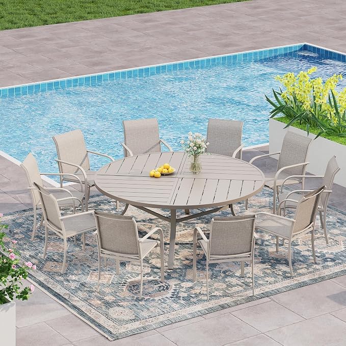 VICLLAX 11 Pieces Patio Outdoor Dining Set, 60" Large Round Metal Table with Umbrella Hole and 10 Stackable Textilene Chairs for Patio, Lawn, Garden, Porch, Sandshell