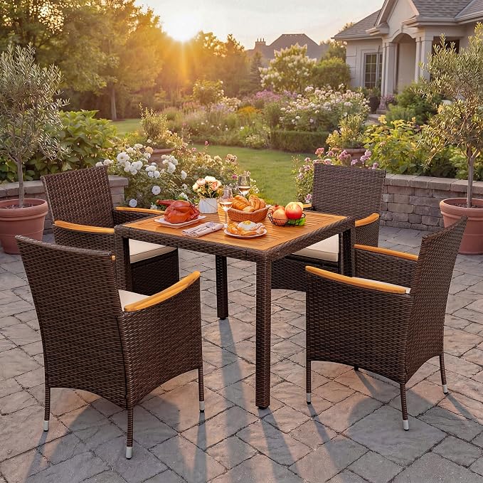 GUNJI 5 PCS Patio Table and Chairs Sets Small Outdoor Dining Set for 4 (Brown)