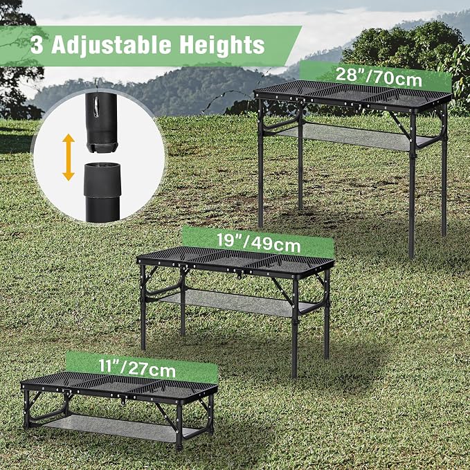 RedSwing Tri-fold Folding Picnic Table, Lightweight Height Adjustable Iron Frame Table with Mesh Layer for Outdoor Camping Picnic BBQ, Black