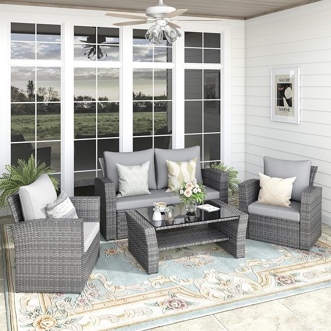 FansaFurn 4-Piece Outdoor Patio Furniture Set, All Weather Wicker Rattan Sectional Sofa Conversation Seating Set with Cushions & Large Glass Coffee Table, Ideal for Garden Backyard Porch, Grey