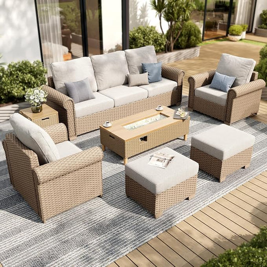 SUNSHINE VALLEY Patio Furniture Set, Wicker Outdoor Furniture Set with 5.5" Thick Cushions, 2 Chairs, 2 Ottomans and Fire Pit Table, 6 Pieces Patio Conversation Set for Backyard Deck, Beige