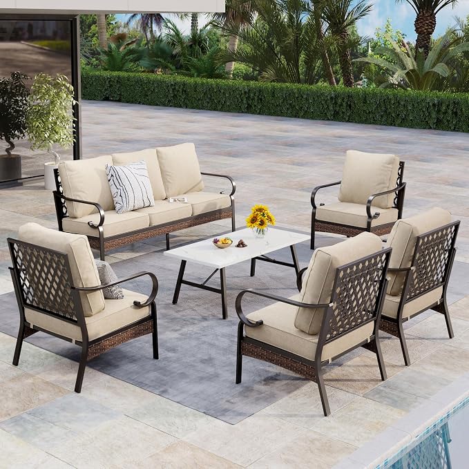 MIXPATIO Patio Furniture Set with Coffee Table, Outdoor Conversation Set with 4 x Fixed Chairs, 1 x 3-Seat Sofa for Lawn Garden Backyard, Beige